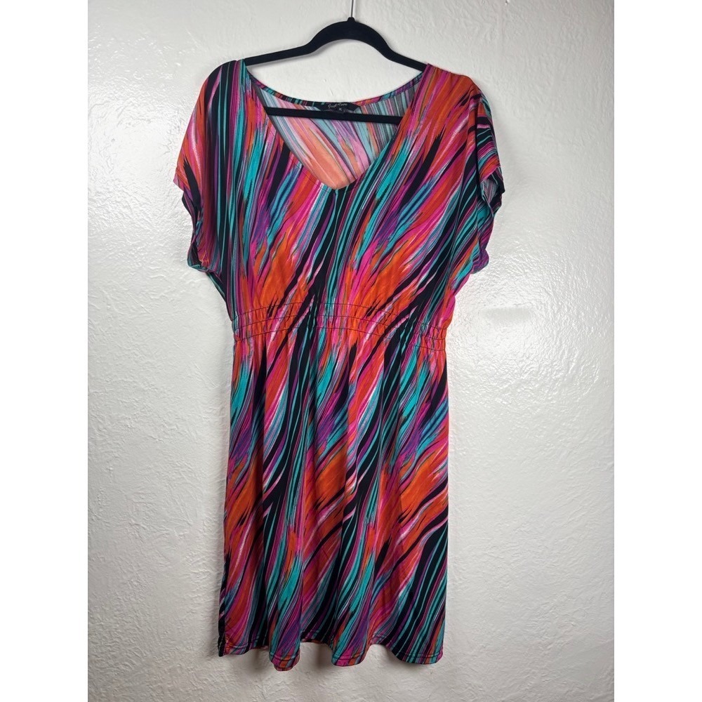 Woman's XL‎ Ruched Dress V-Neck Knee Length 80's Dopamine Abstract Print